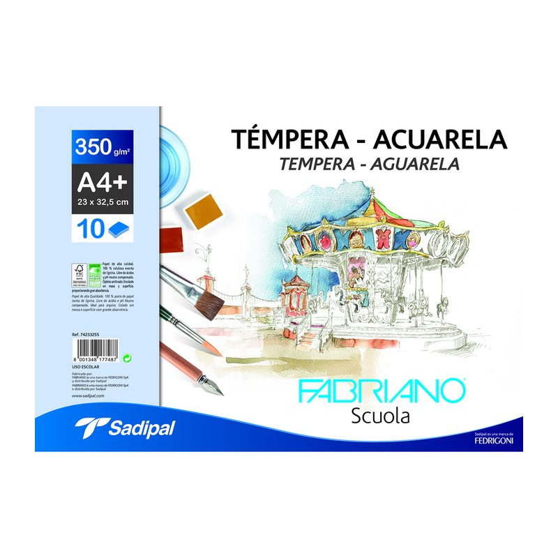 113593 LAMINAS DIBUJO A4+ 350G 6HJ + 2 GRATIS TEMPERA/ACUARELA FABRIANO