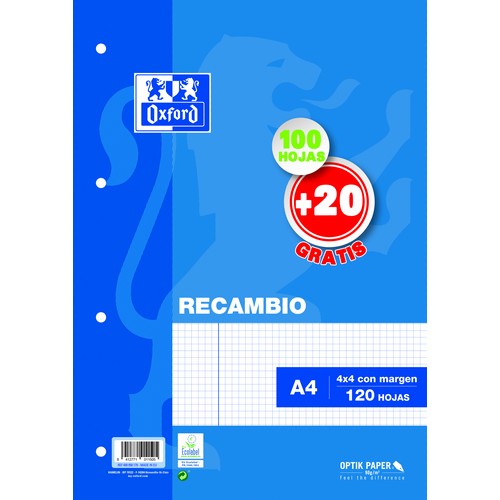 115240 RECAMBIO A4 100H+20H GRATIS CUADRO 4MM MRG AZUL 4T OXFORD