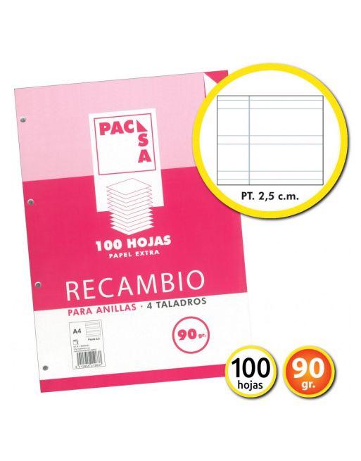 113993 RECAMBIO A4 100HJ 4 TALADROS DOBLE RAYA 2,5 MRG 90G PACSA