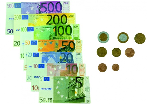 [31908] 112864 JUEGO EURO - 28 BILLETES + 80 MONEDAS + GUIA DIDACTICA MINILAND 31908