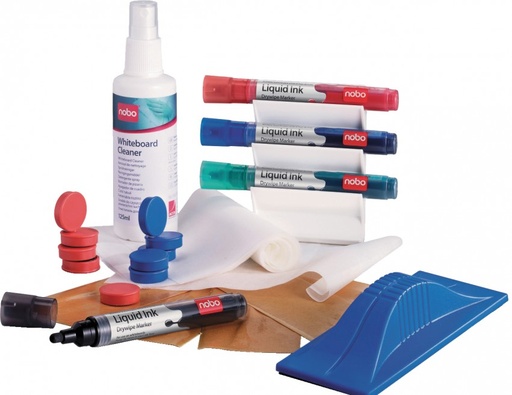 [1901430] 251442 KIT LIMPIEZA PIZARRA BLANCA NOBO (4 ROTULADORES, BORRADOR MAGNETICO,5 RECAMBIOS BORRADOR,SPRAY LIMPIEZA 125ML, TRAPOS LIMPIEZA Y 10 IMANES)