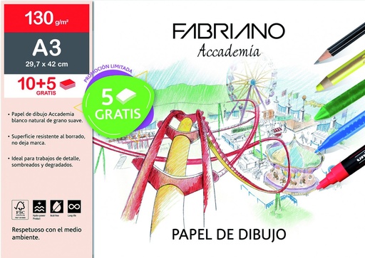 [F74233284] 113585 LAMINAS DIBUJO A3 130G 10HJ + 5 GRATIS GRANO NAT.ESCUELA FABRIANO