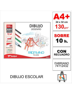 [F74112432] 113586 LAMINAS DIBUJO A4+ RECUADRO 130G 10HJ GRANO NAT.ESCUELA FABRIANO