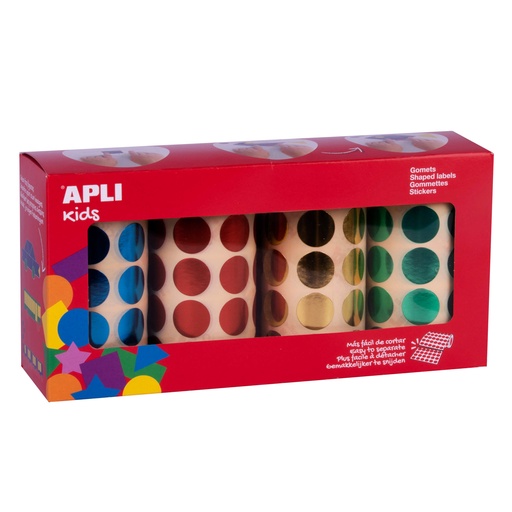 [102410] 255476 PACK 4 ROLLOS GOMETS METALIZADOS REDONDOS Ø 20 MM AZUL, ROJO, AMARILLO Y VERDE APLI 102410